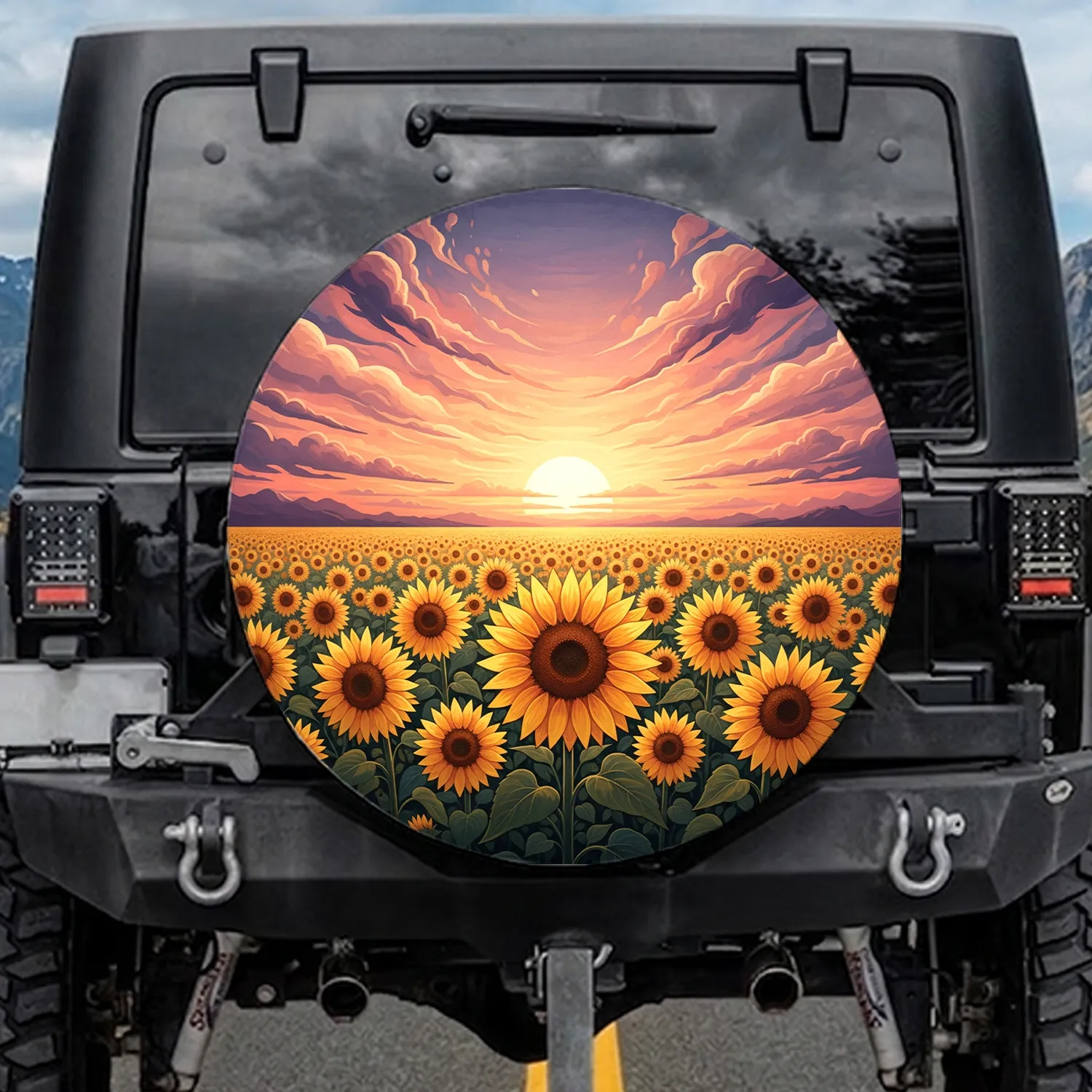 Golden Sunflowers Sunset Field Purple Pink Clouds - Home Decor Gift for Nature Lovers Spare Tire Cover - 1