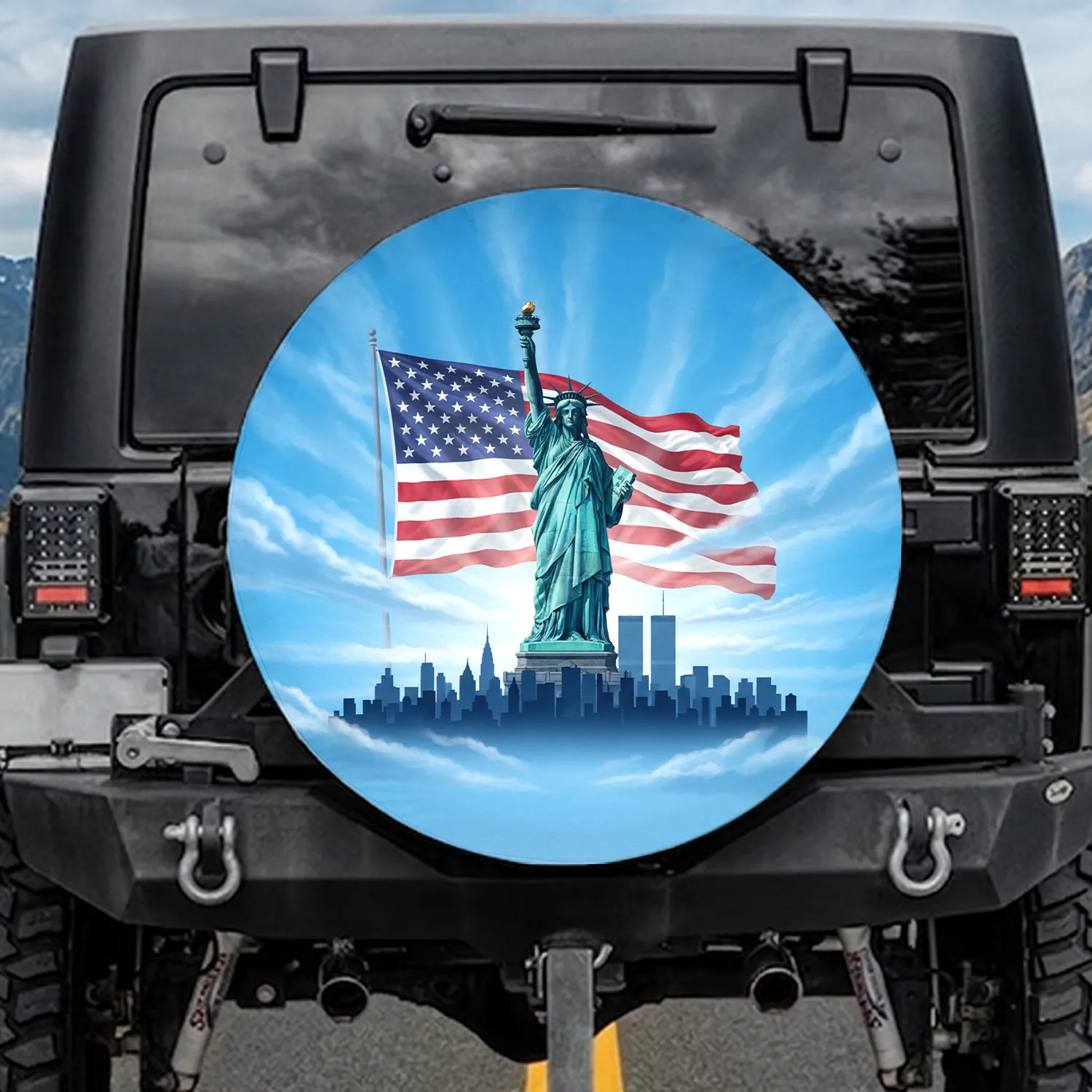 Statue of Liberty American Flag NYC Skyline - Independence Day Gift for Veterans Spare Tire Cover - 1