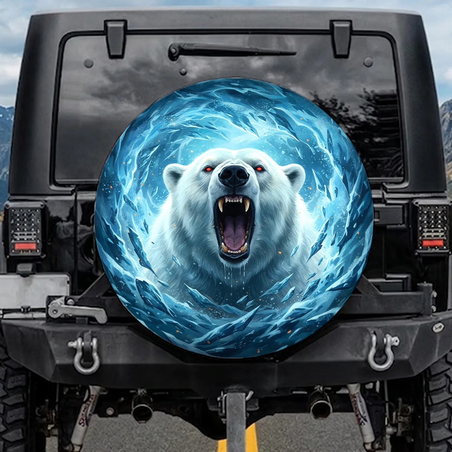 Polar Bear Roaring Fangs Arctic Ice Storm Glowing Eyes - Wildlife Lover Gift Spare Tire Cover - 1