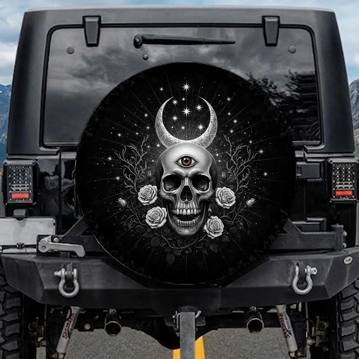 Skull Third Eye Crescent Moon Thorny Roses - Dark Fantasy Mystical Home Decor Spare Tire Cover - 1
