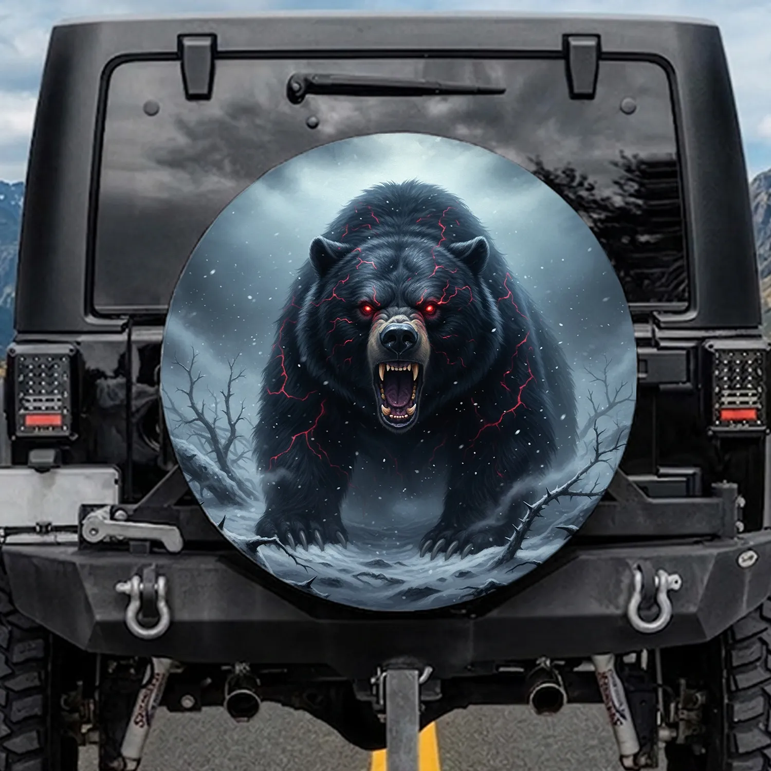 Enraged Roaring Black Bear Glowing Red Eyes Arctic Wilderness - Wildlife Lover Gift Spare Tire Cover - 1