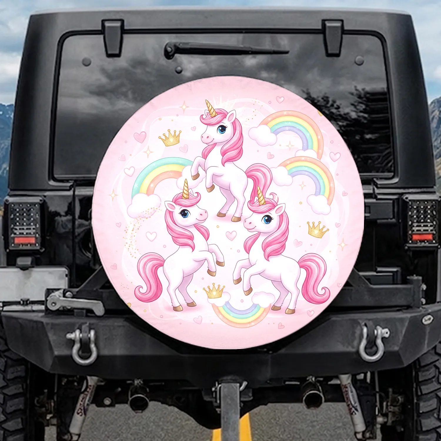 Unicorns Pink Mane Golden Horn Pastel Rainbows Golden Crowns - Unicorn Lover Gift Spare Tire Cover - 1