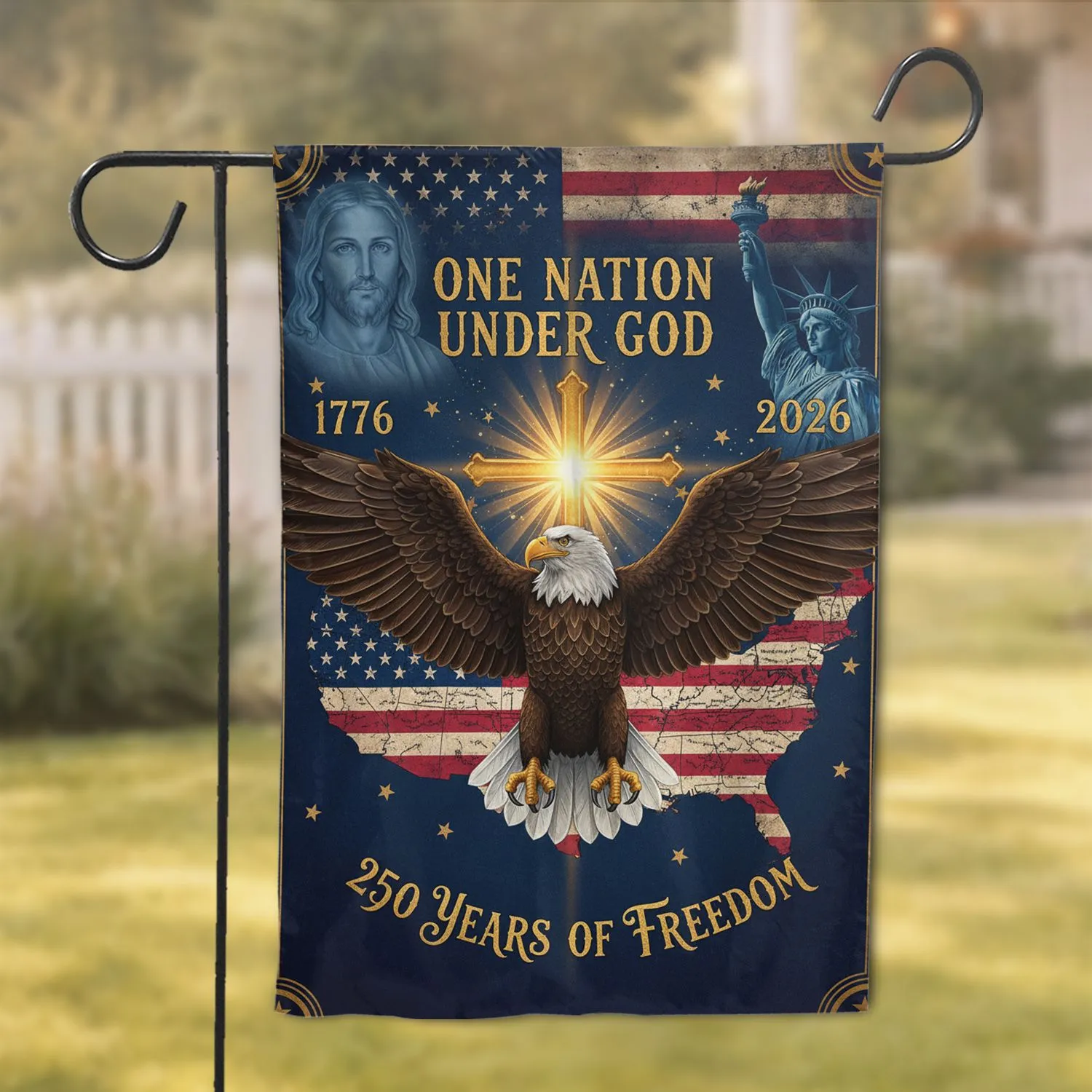 Bald Eagle American Flag Cross One Nation Under God 1776-2026 - USA 250th Anniversary Garden Flag - 1