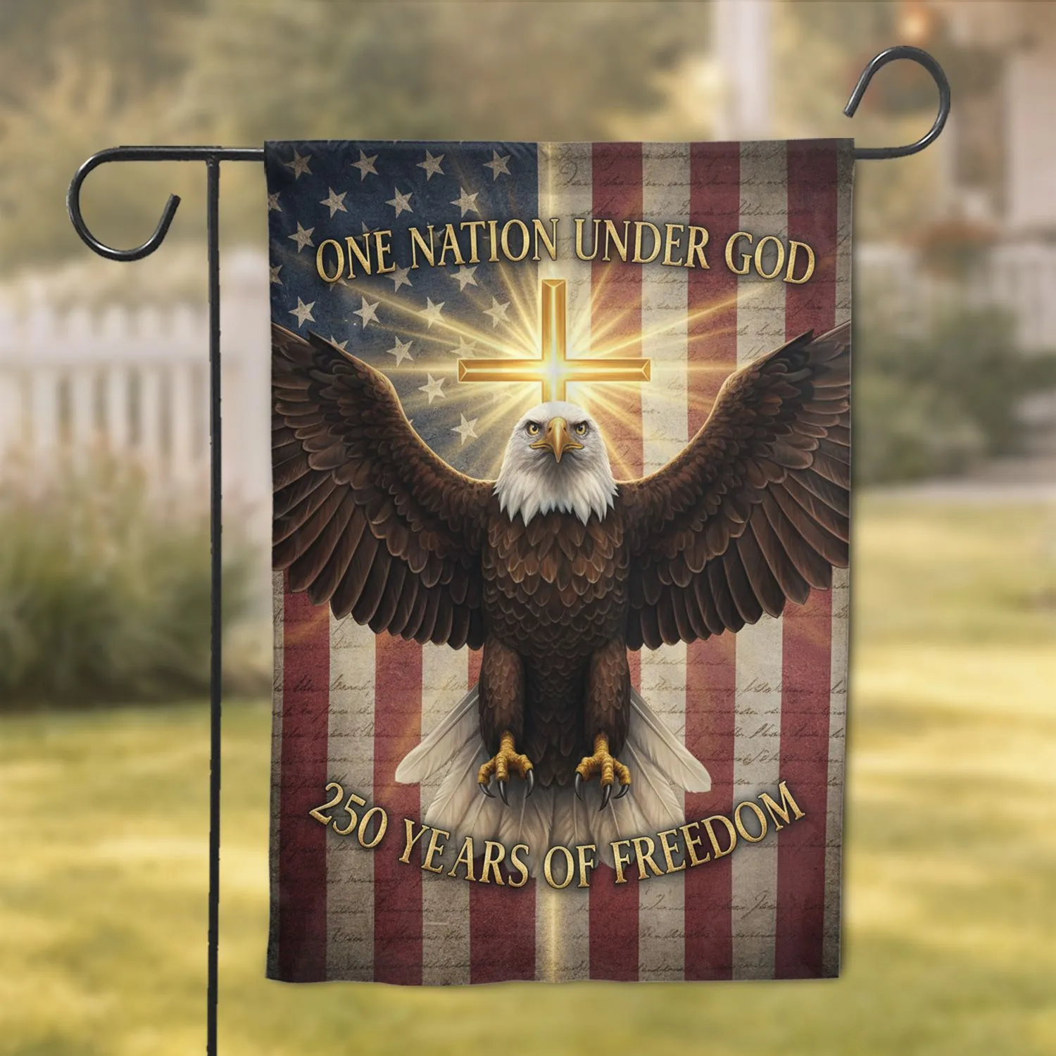 Bald Eagle American Flag Golden Cross - USA 250 Years of Freedom Independence Day Garden Flag - 1
