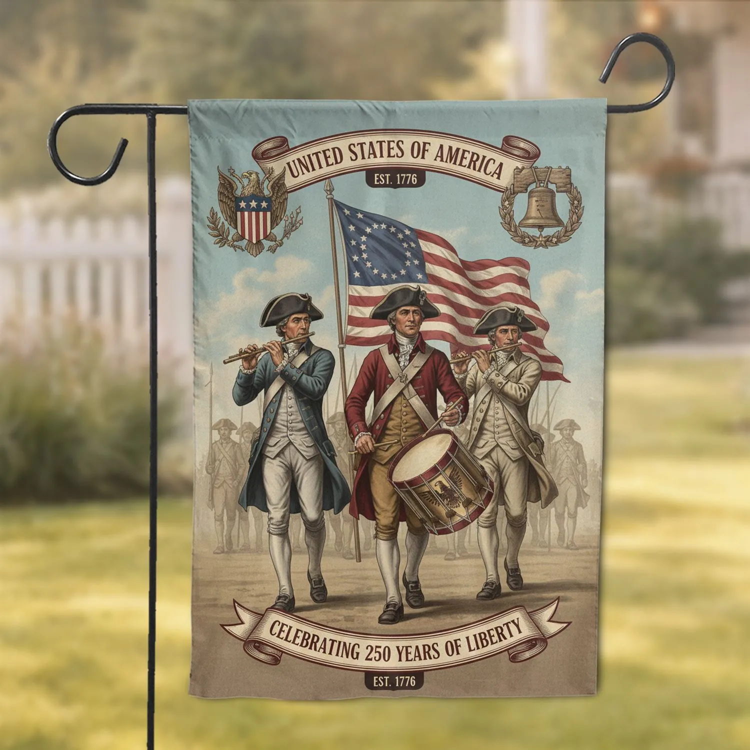 Colonial Fife Drummer Betsy Ross Flag - USA 250 Years of Liberty Garden Flag - 1