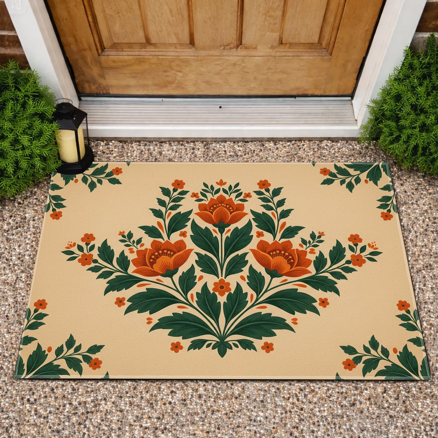 Folk Art Floral Crest Burnt Orange Layered Blossoms - Nature Lover Gift Doormat - 1