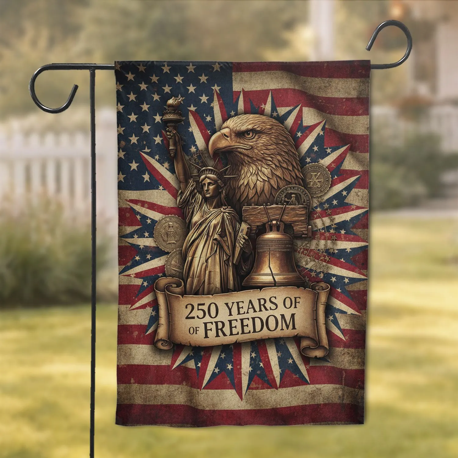Bald Eagle Liberty Bell Statue of Liberty American Flag USA 250th Anniversary Garden Flag - 1