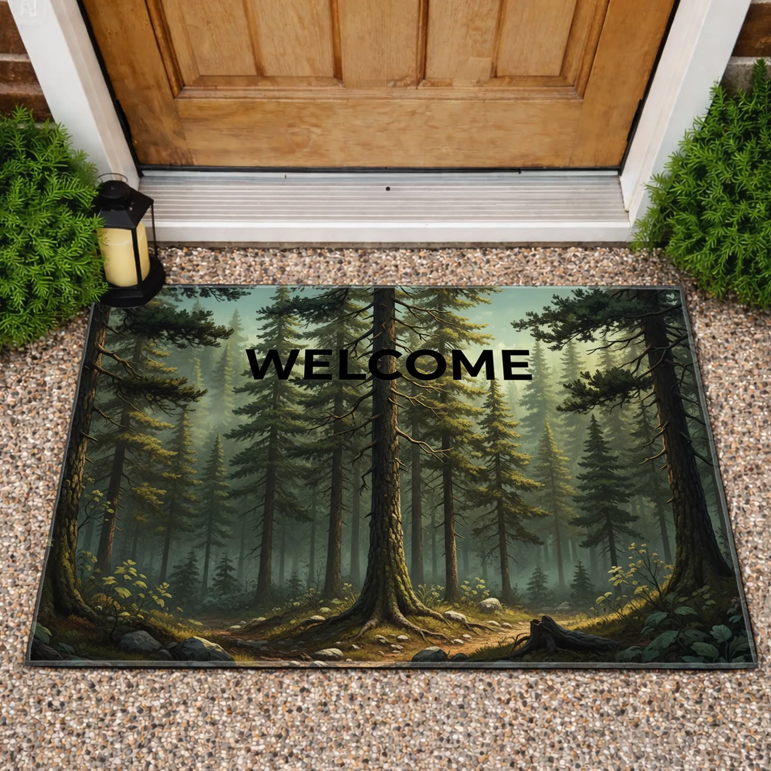 WELCOME Evergreen Pine Fir Forest Dappled Sunlight Rocky Terrain - Woodland Home Decor Gift Doormat - 1