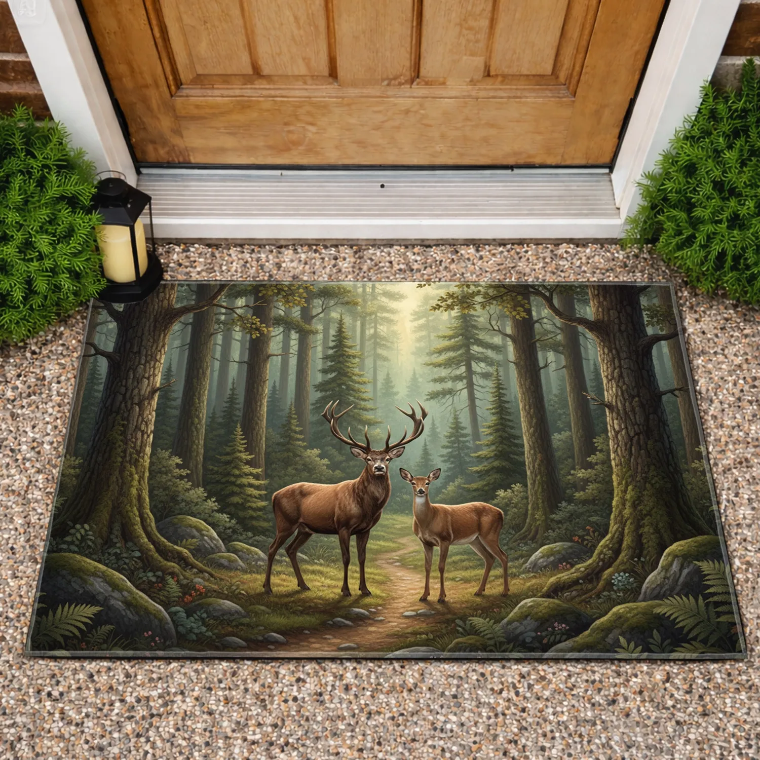 Majestic Stag Doe Evergreen Forest Clearing - Wildlife Lover Home Decor Gift Doormat - 1
