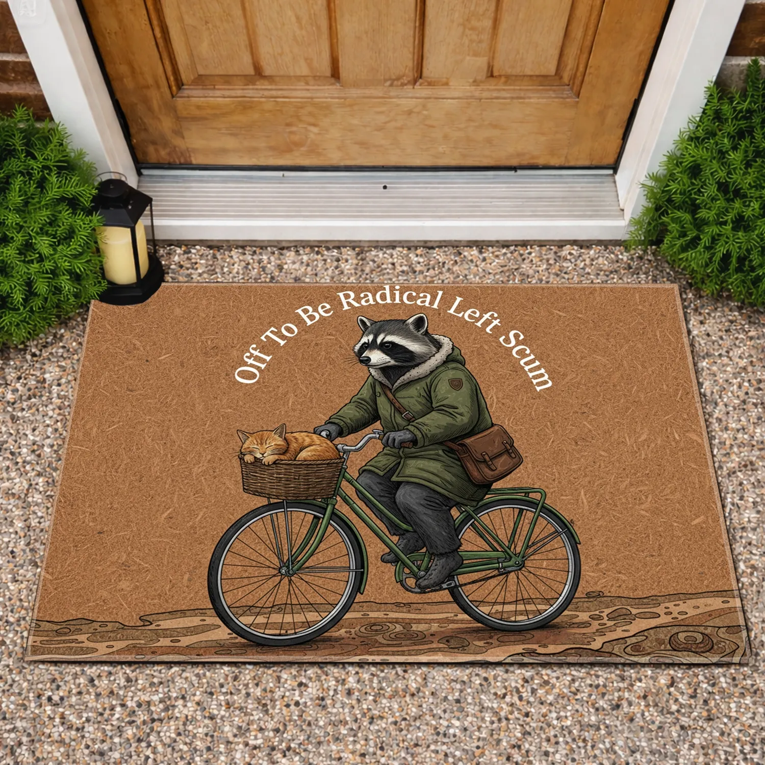 Raccoon on Bicycle with Cat, 'Radical Left Scum' - Political Statement Home Decor Doormat - 1