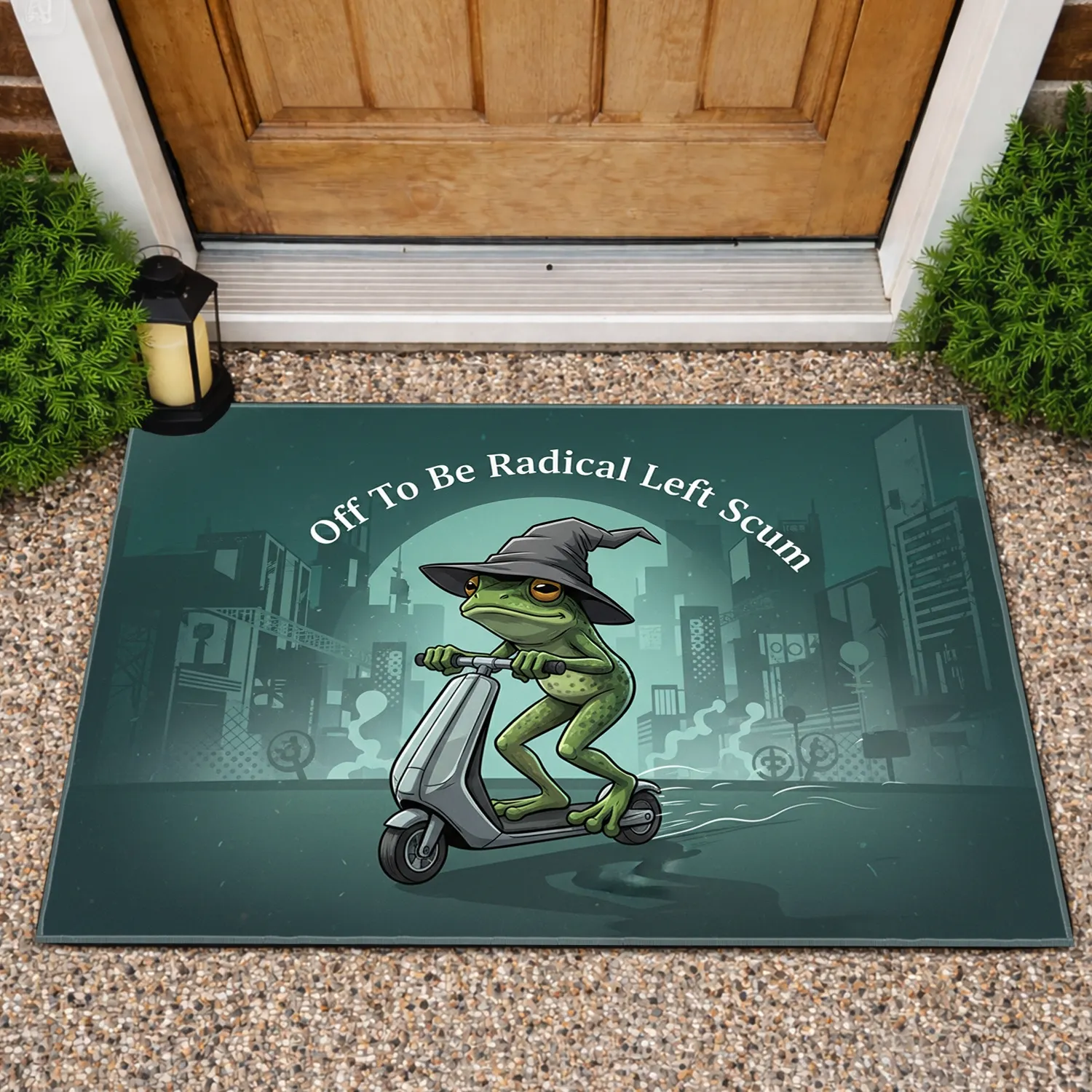 Green Frog Wizard Hat Scooter Off To Be Radical Left Scum - Statement Home Decor Doormat - 1