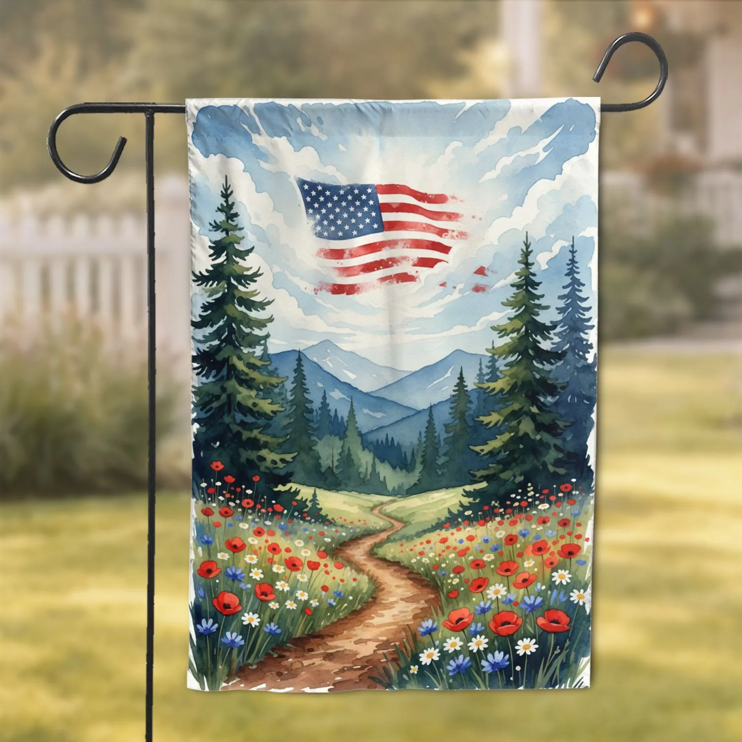 American Flag Mountain Wildflower Field - Independence Day Decor Garden Flag - 1