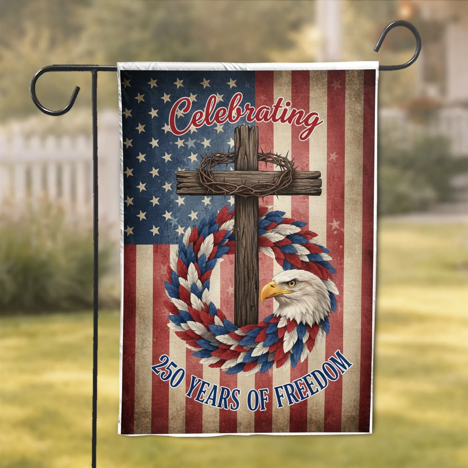 American Flag Cross Eagle - Celebrating 250 Years of Freedom for Veterans Garden Flag - 1