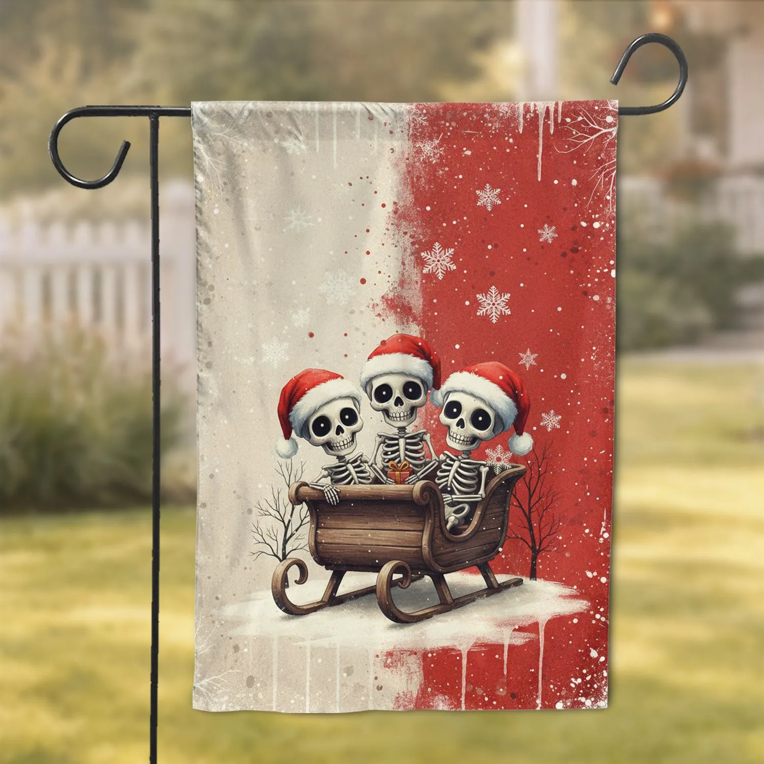 Grinning Skeletons Santa Hats Sleigh Present Snowflakes - Christmas Gift Garden Flag - 1