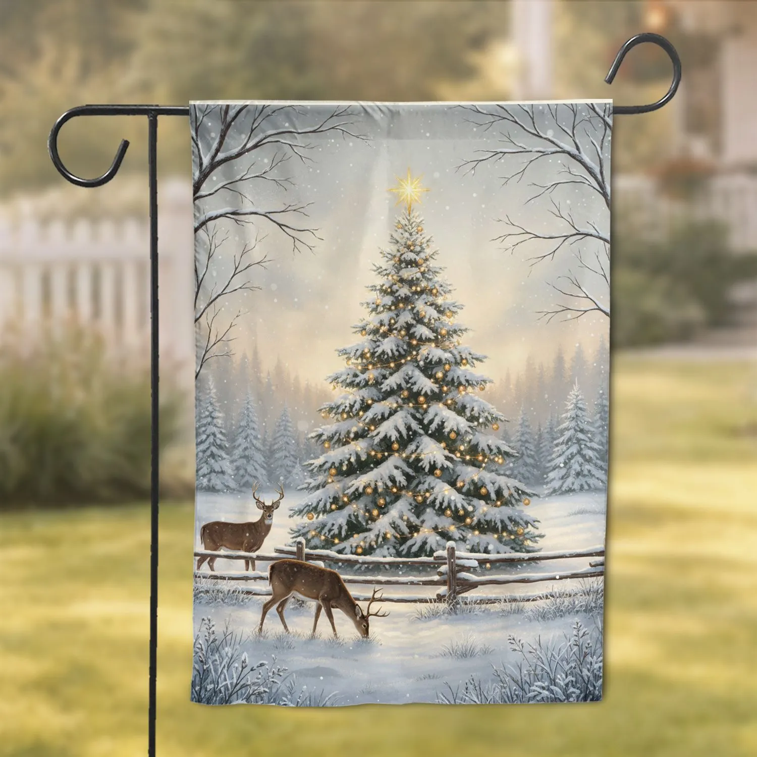 Snowy Christmas Tree Deer Winter Forest Christmas Holiday Deer Lover Gift Garden Flag - 1