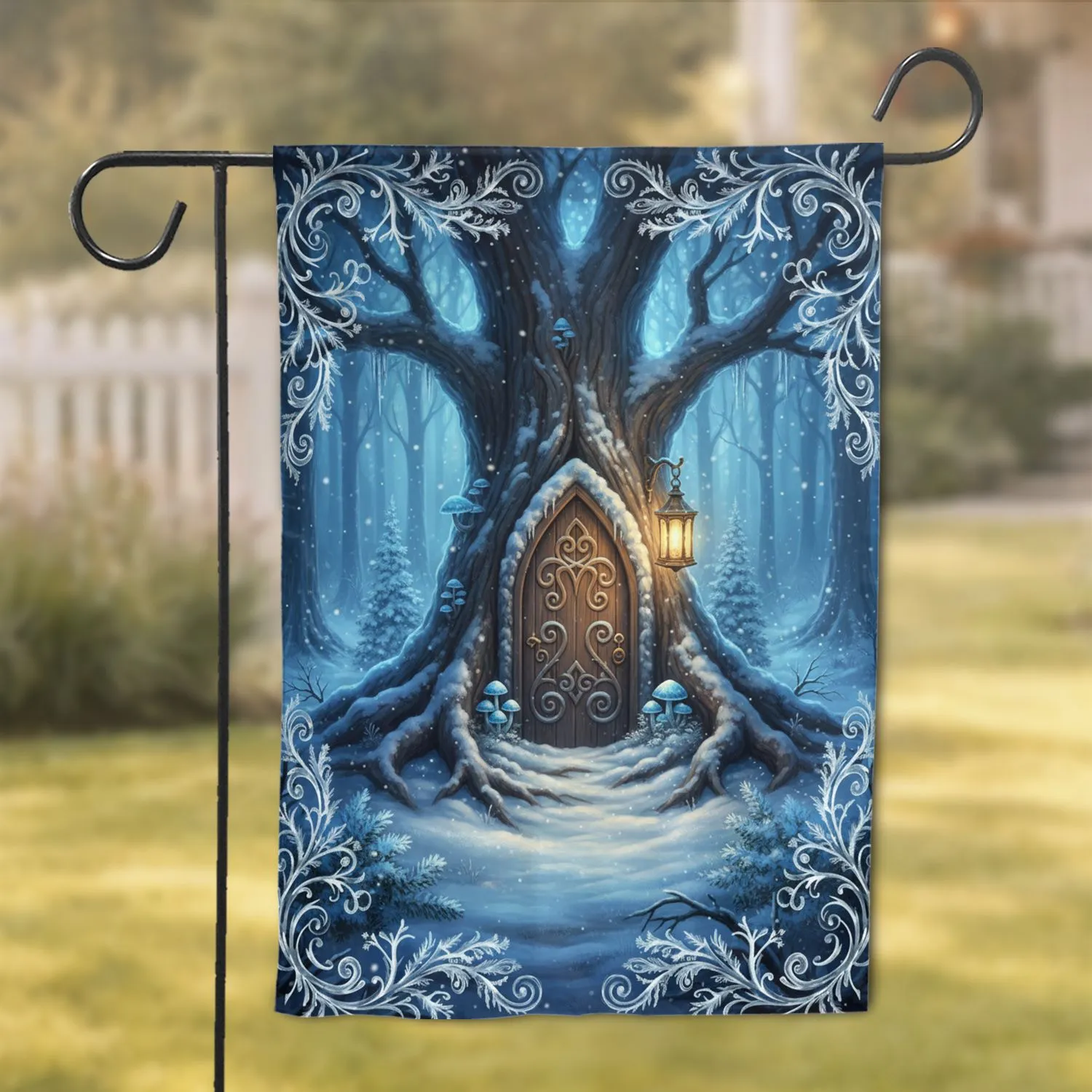 Ornate Gothic Arch Fairy Door Snow-Covered Tree Winter Forest Lantern Home Decor Gift Garden Flag - 1