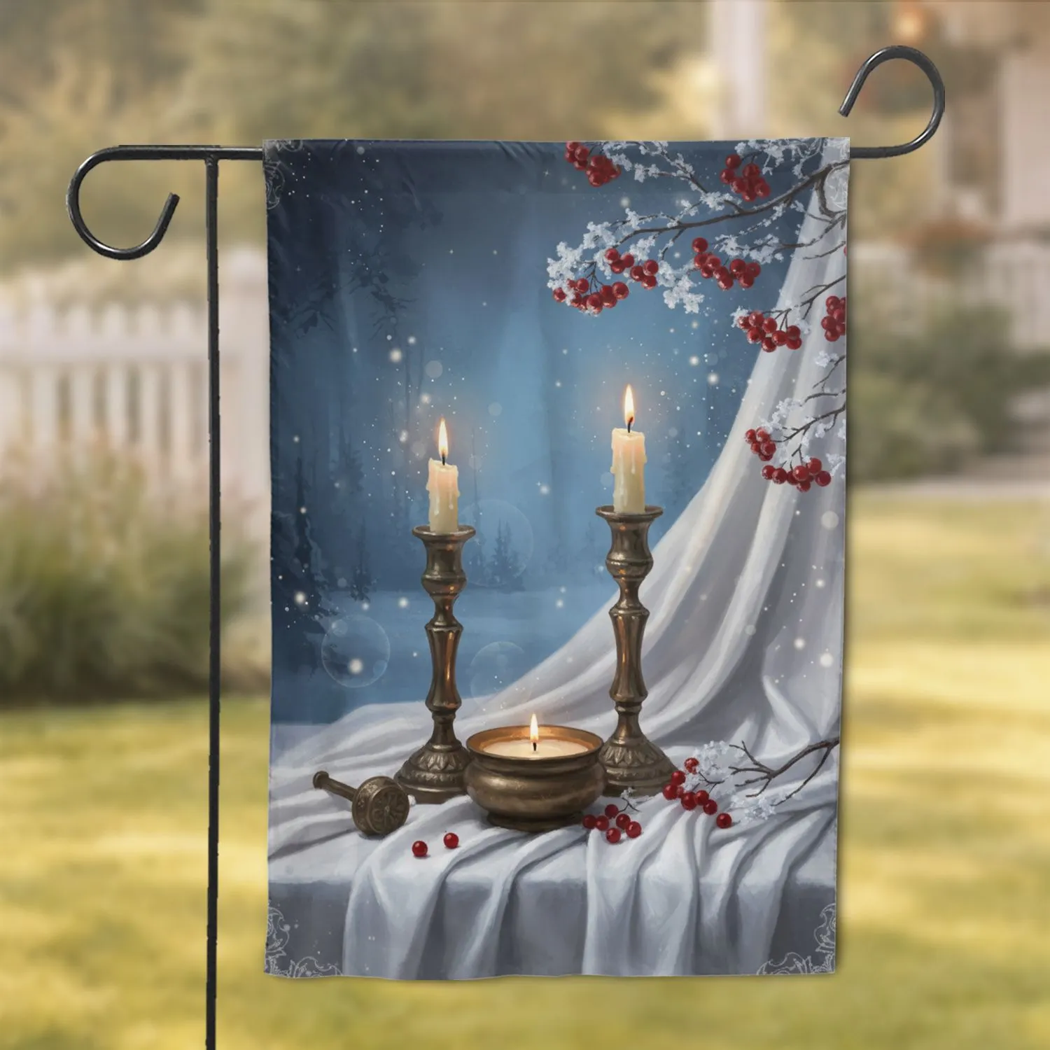 Candles Frosted Branches Red Berries Still Life - Serene Winter Evening Home Decor Gift Garden Flag - 1