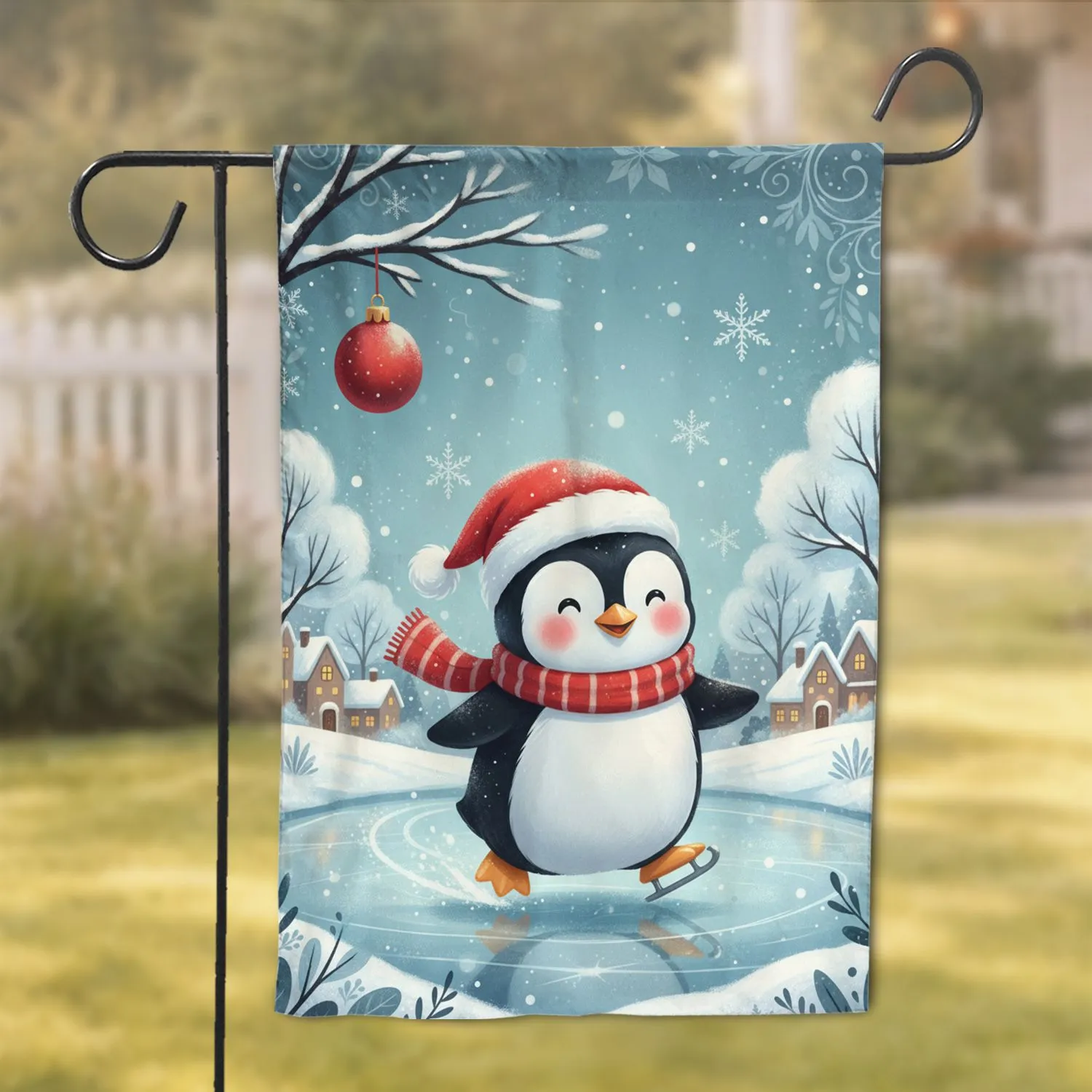 Santa Hat Penguin Ice Skater Snowy Village - Christmas Holiday Home Decor Gift Garden Flag - 1