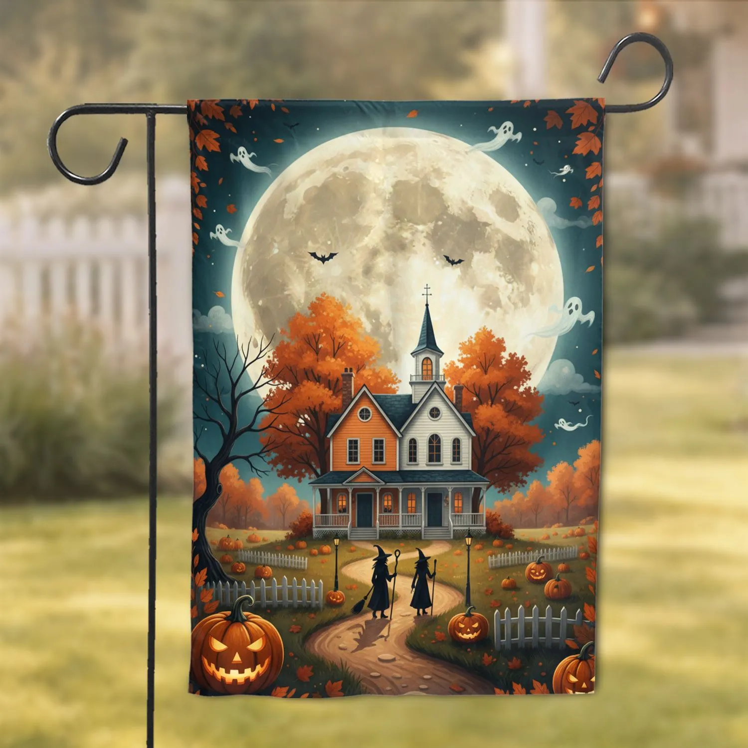 Haunted House Witches Full Moon Jack-o-Lantern Halloween Decor Garden Flag - 1