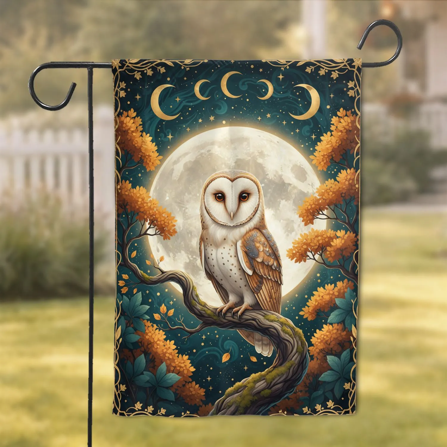 Wise Barn Owl Full Moon Luminous Night Sky Autumn Forest Stars Wildlife Lover Gift Garden Flag - 1