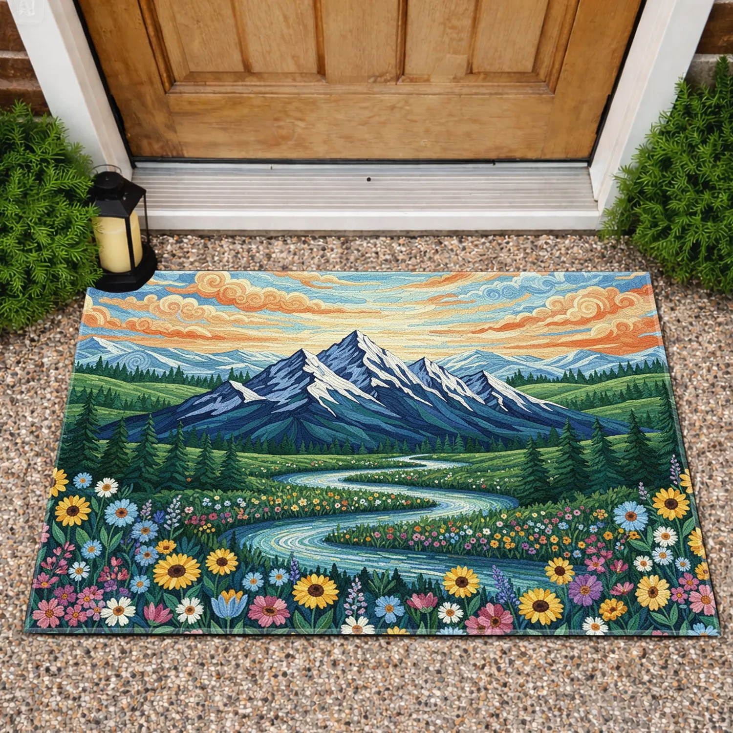 Majestic Snowy Mountain River Wildflower Meadow Green Hills Landscape Home Decor Gift Doormat - 1