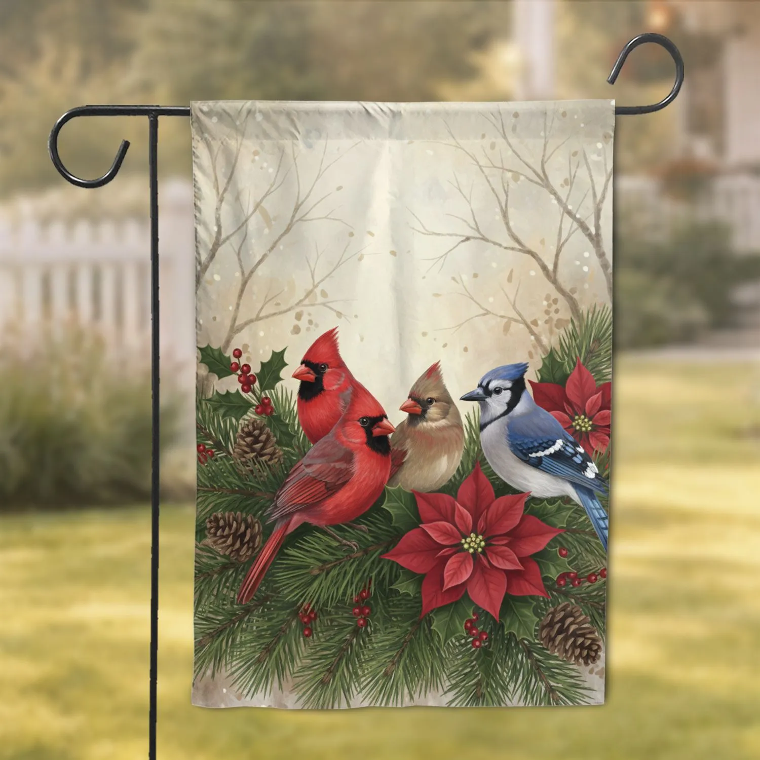 Cardinal Poinsettia Pinecones Winter Birds - Christmas Holiday Home Decor Gift Garden Flag - 1