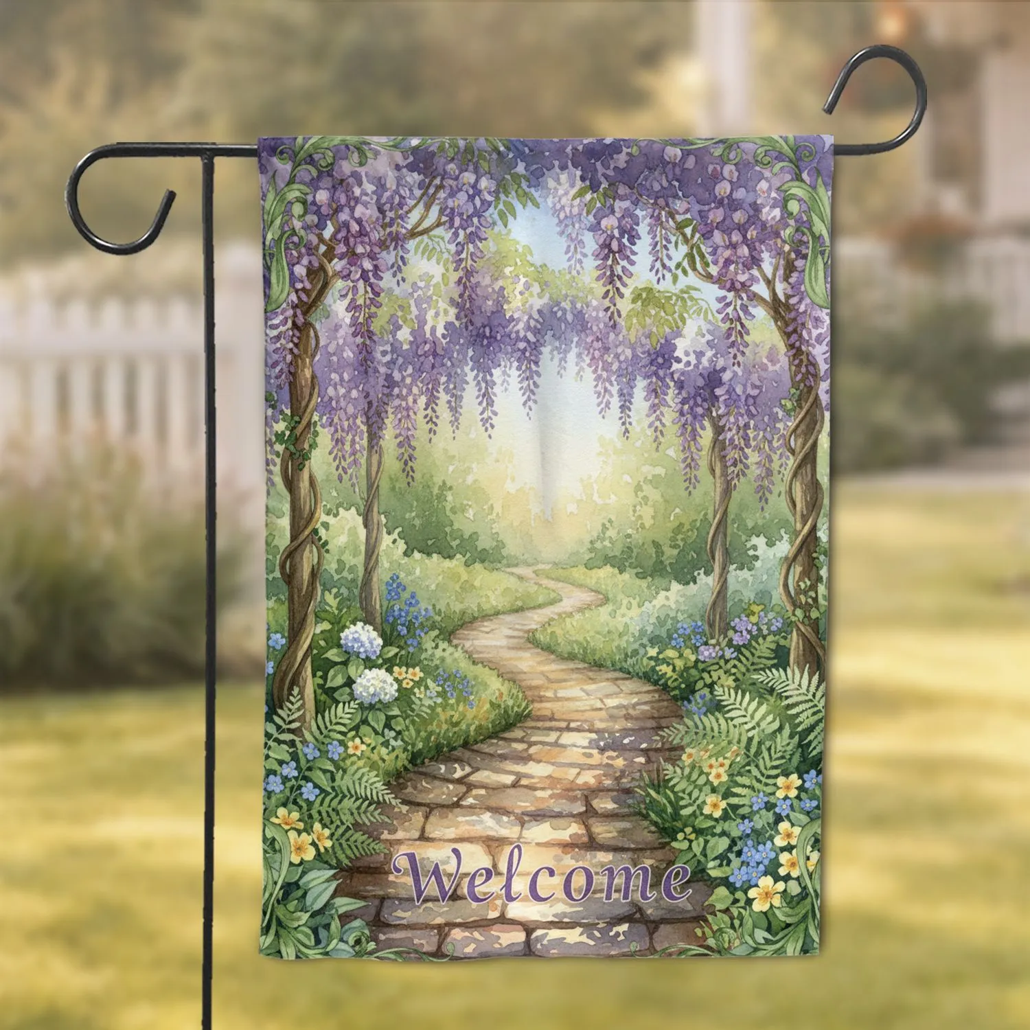 Sunlit Purple Wisteria Garden Path Welcome - Verdant Home Decor Gift Garden Flag - 1