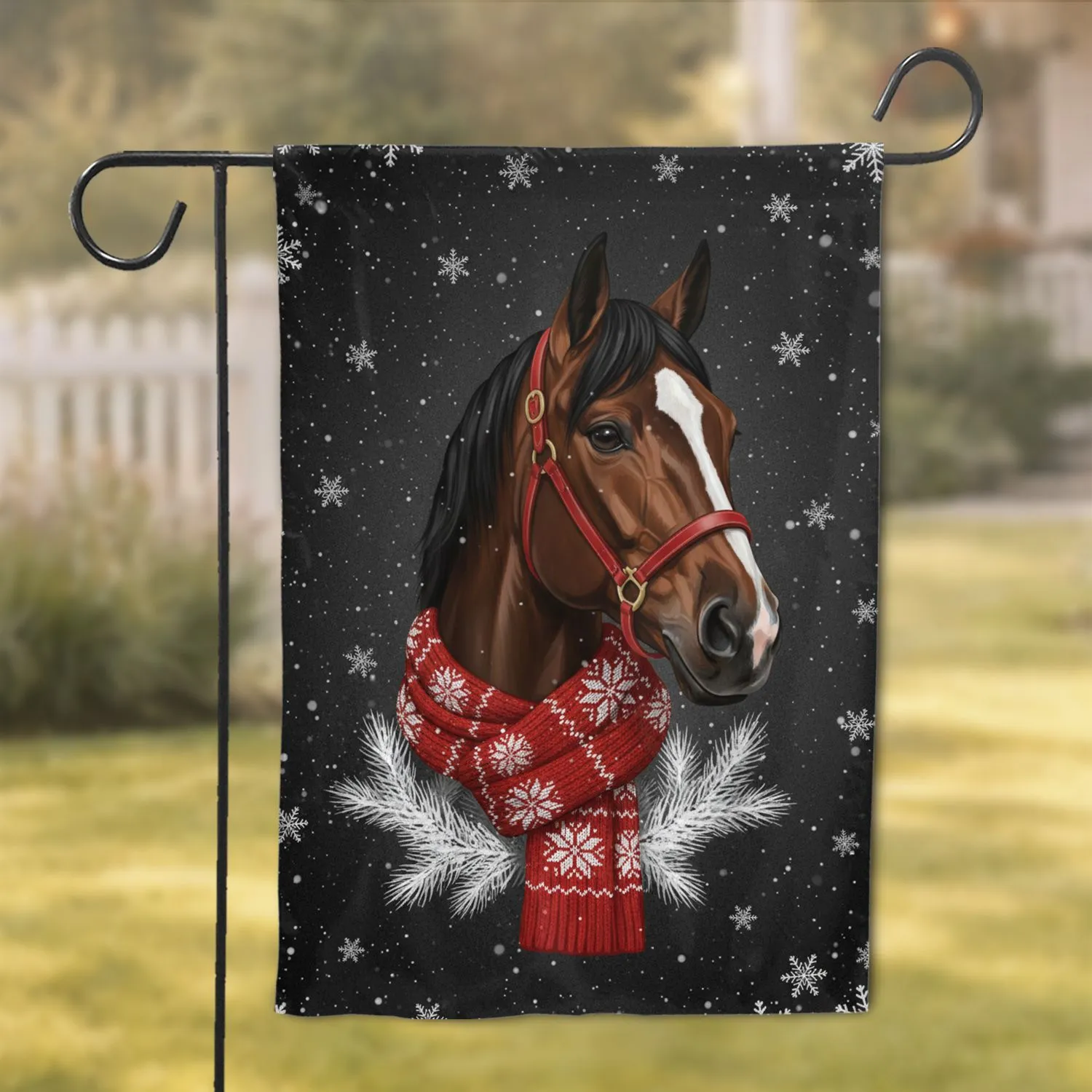 Majestic Brown Horse Snowflake Scarf Pine Boughs - Winter Christmas Holiday Gift Garden Flag - 1