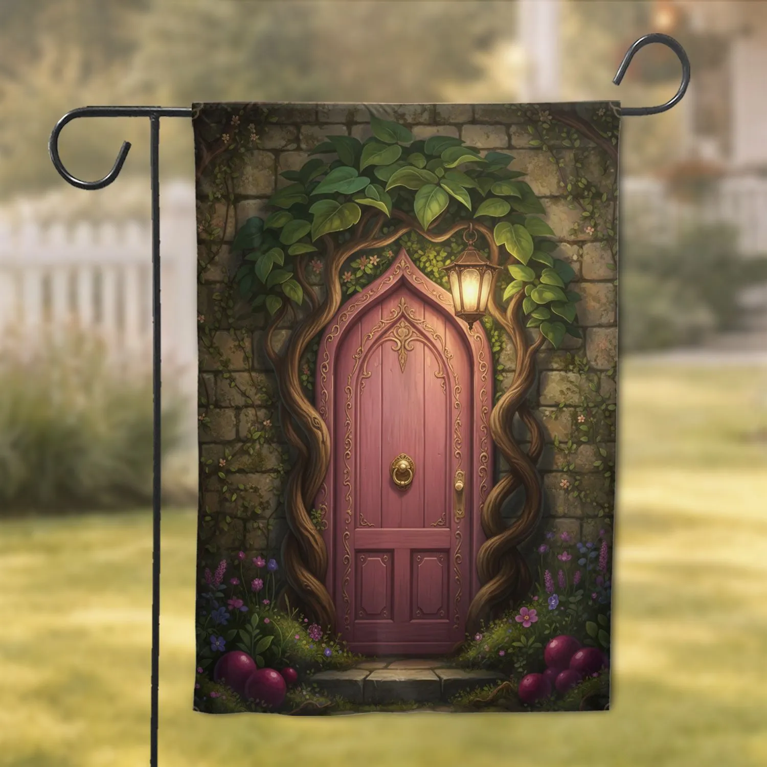 Ornate Pink Door, Ancient Trees, Glowing Lantern, Foliage Garden - Fantasy Home Decor Gift Garden Flag - 1