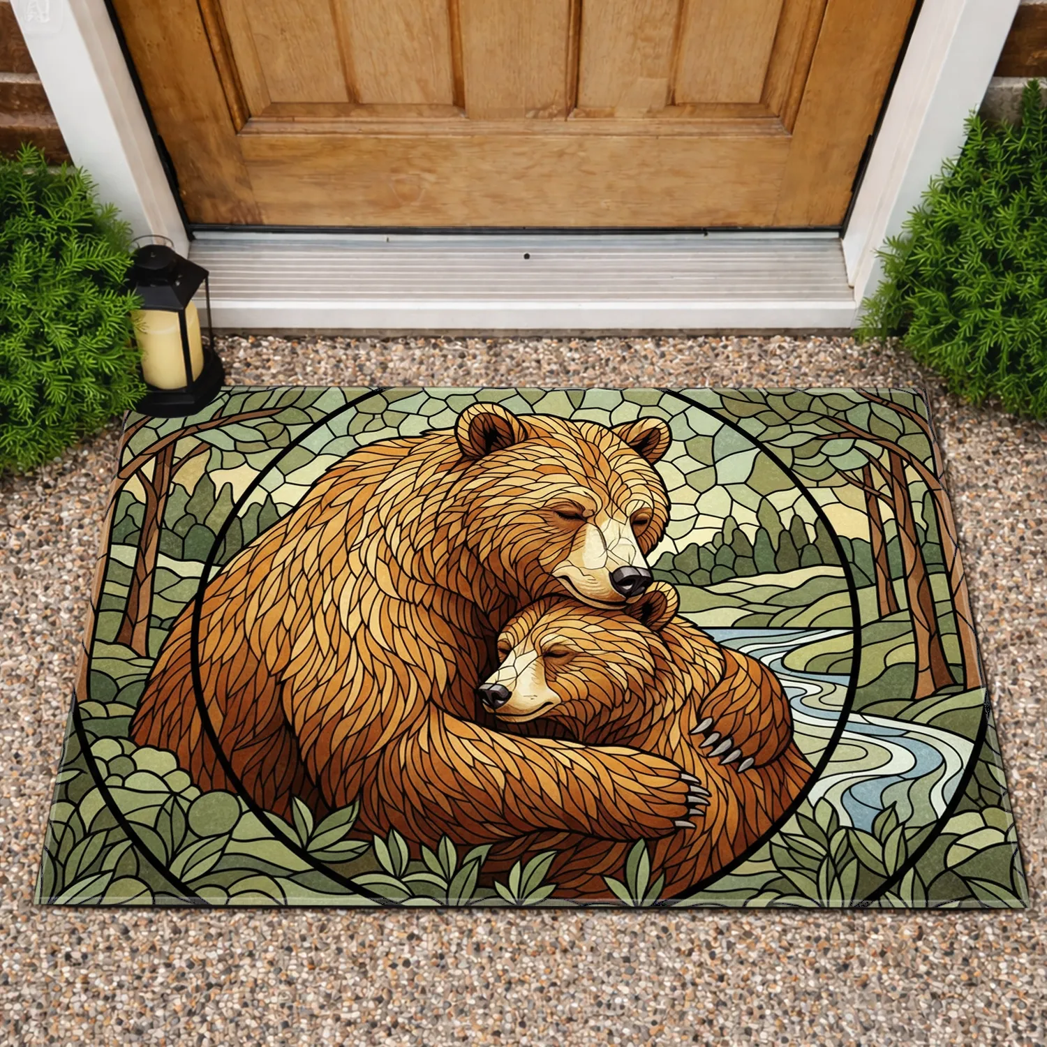 Mother Brown Bear Cub Embrace Nature Scene - Mother's Day Home Decor Wildlife Gift Doormat - 1