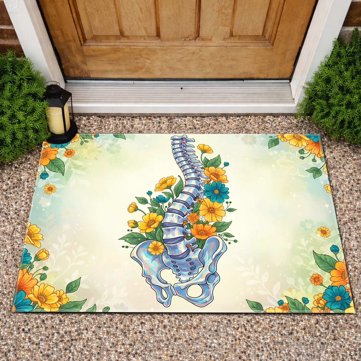 Iridescent Crystalline Spine Pelvis Flowers Greenery - Wellness Home Decor Gift Doormat - 1