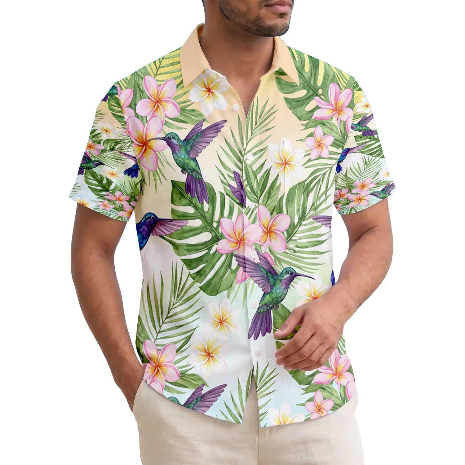 Iridescent Hummingbird Pink Flowers Tropical Dawn Dusk - Wildlife Lover Gift Hawaiian Shirt - 1
