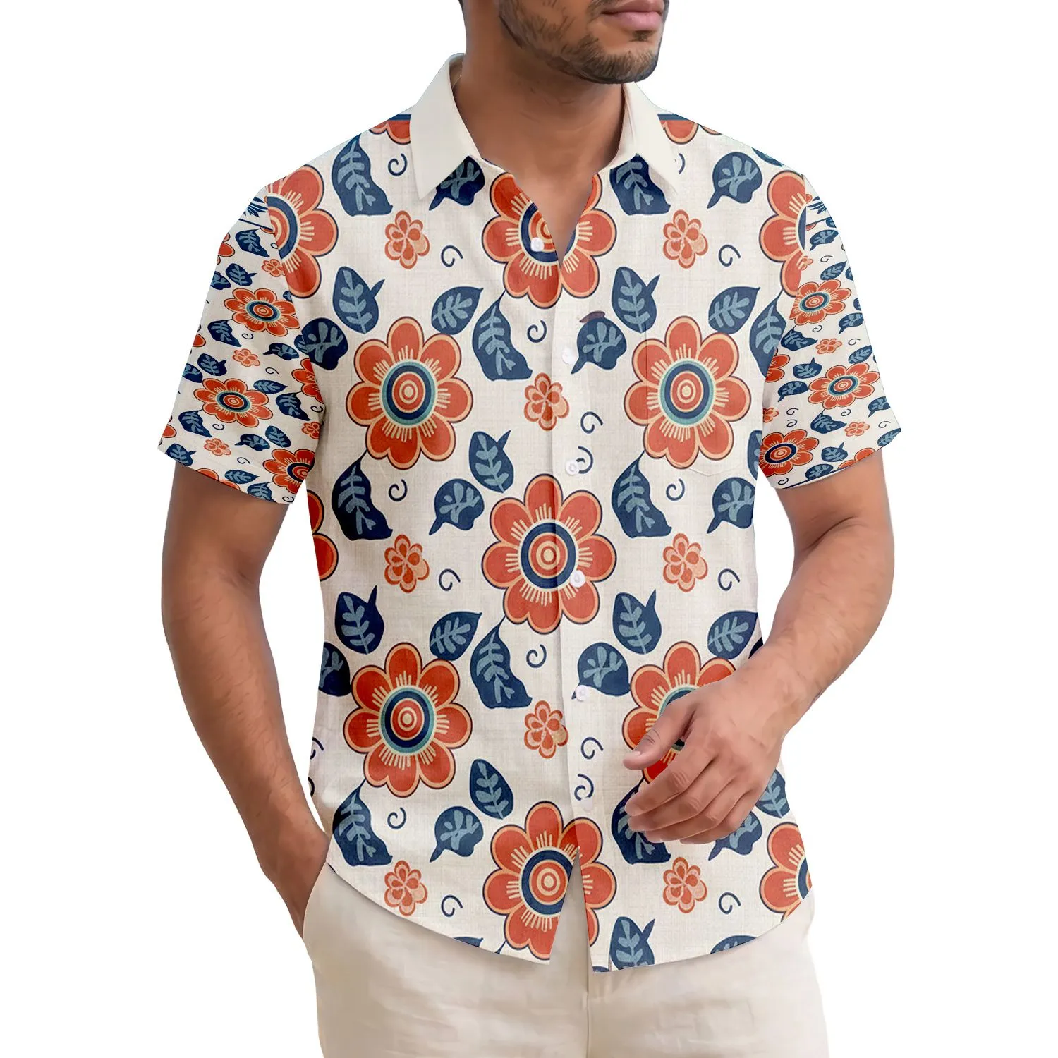 Concentric Ring Folk Art Tropical Flowers Leaves Border - Home Decor Gift Hawaiian Shirt - 1