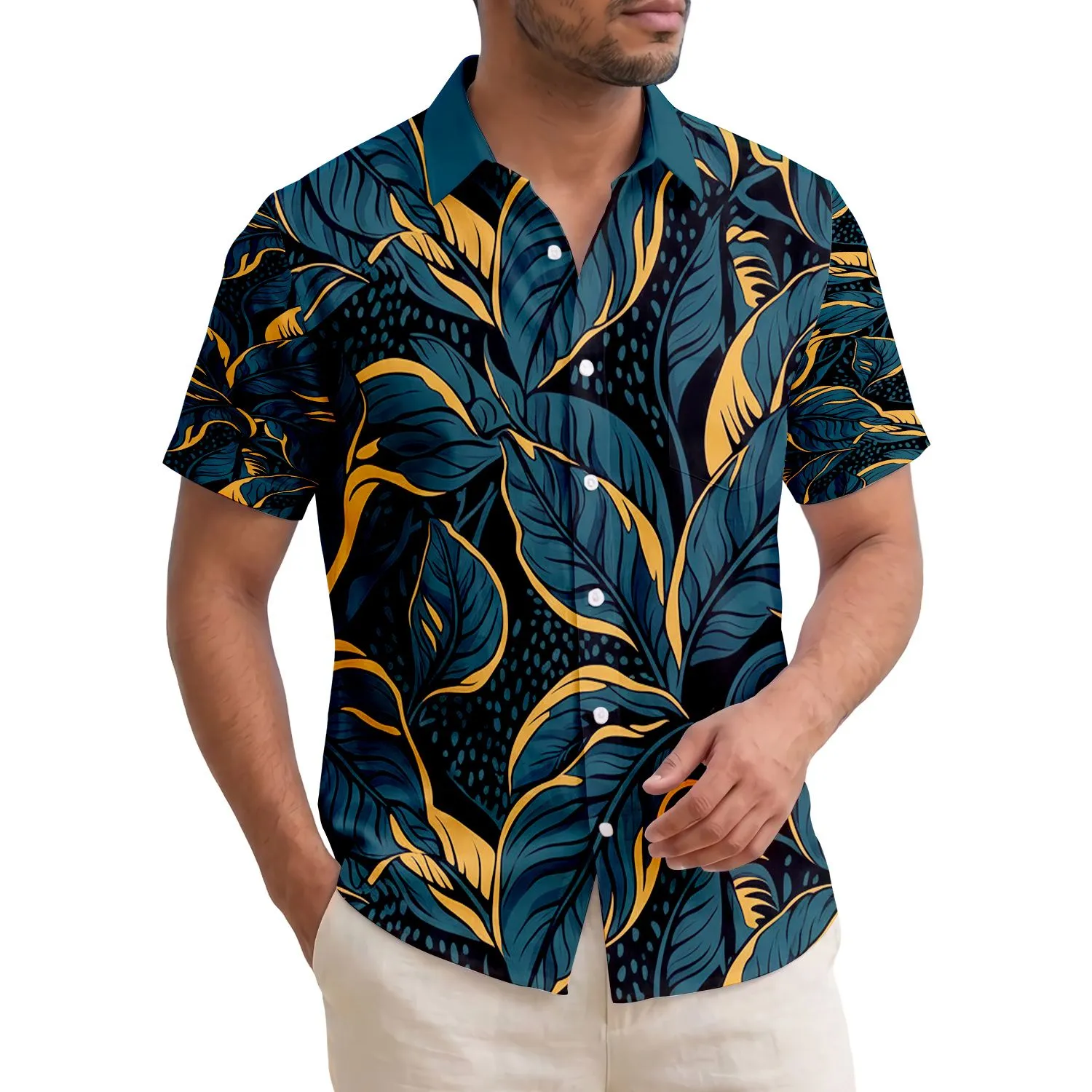 All-Over Defined Petrol Blue Golden Ochre Tropical Leaves - Hawaiian Vacation Gift Hawaiian Shirt - 1
