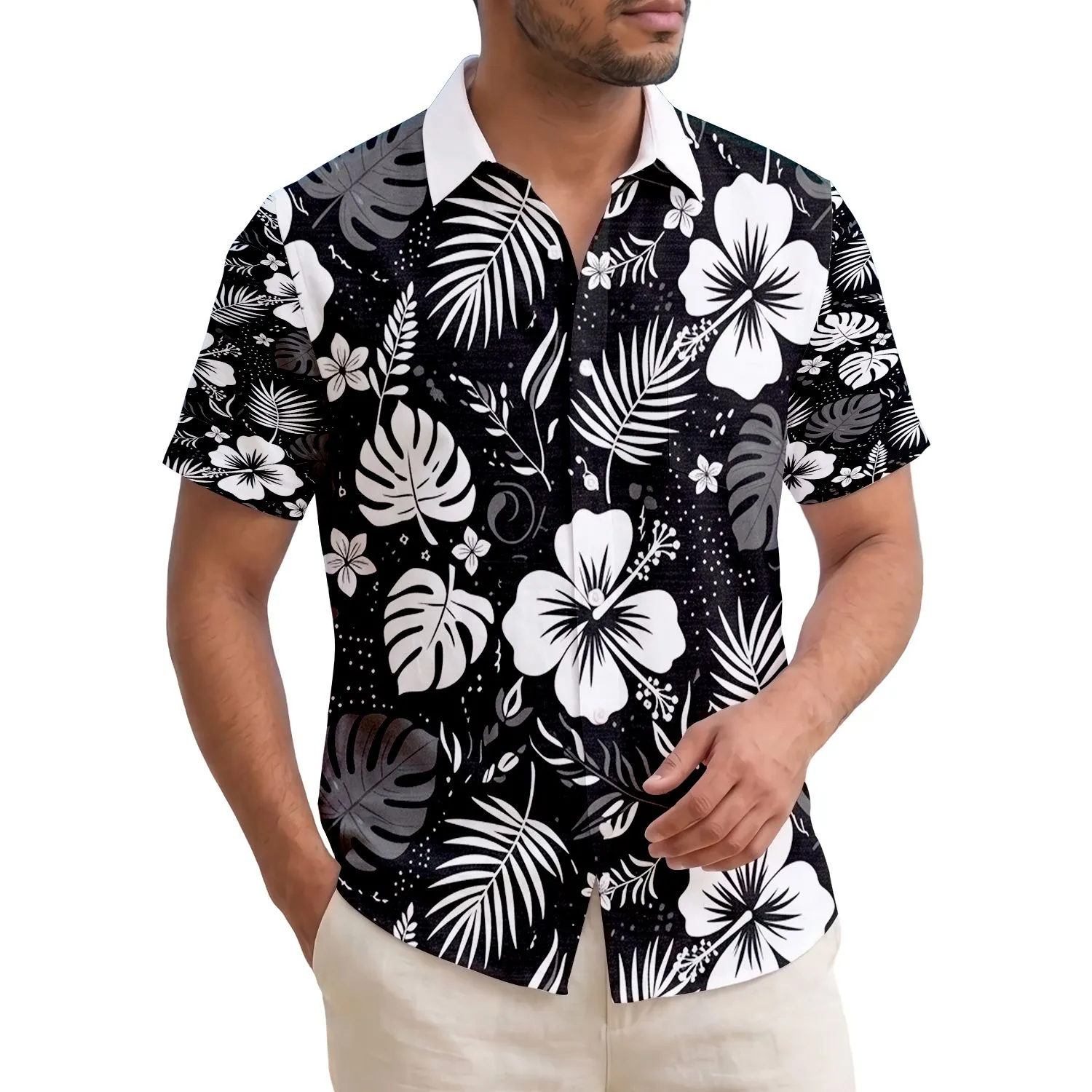 Hibiscus Flowers Tropical Leaves Five-Petal Flowers Organic Shapes - Resort Style Gift Hawaiian Shirt - 1
