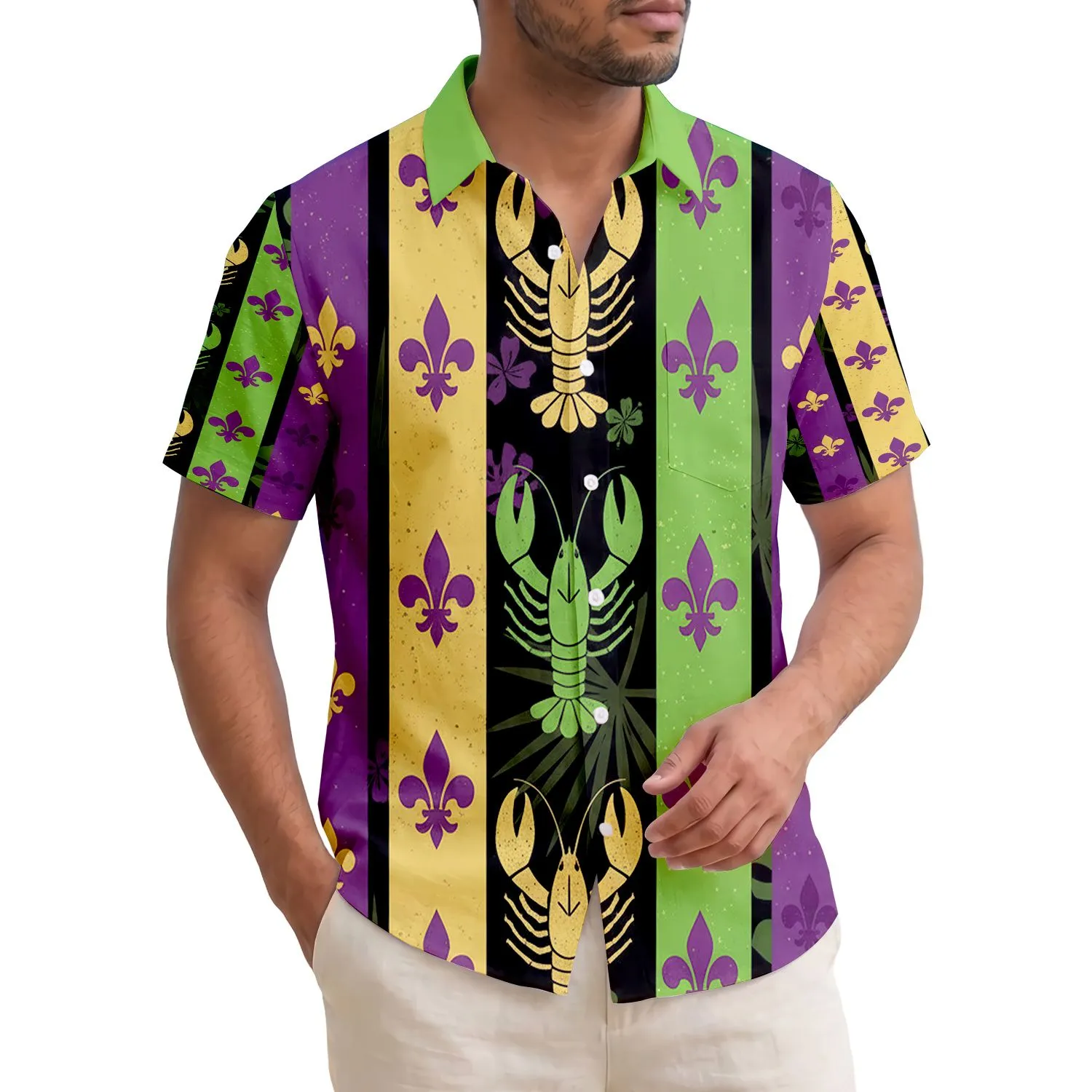 Lobster Crawfish Fleur-de-lis Vertical Stripes Palm Plumeria - Tropical Vacation Gift Hawaiian Shirt - 1