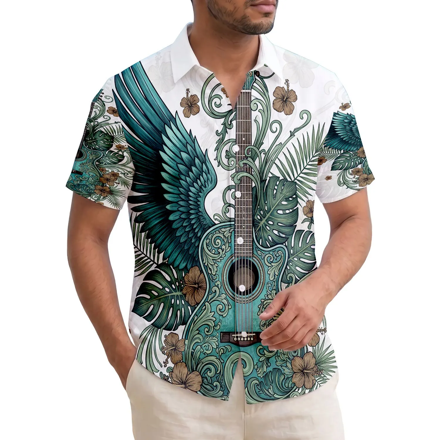 Acoustic Guitar Wing Scrollwork Plumeria Hibiscus - Music Lover Home Decor Gift Hawaiian Shirt - 1