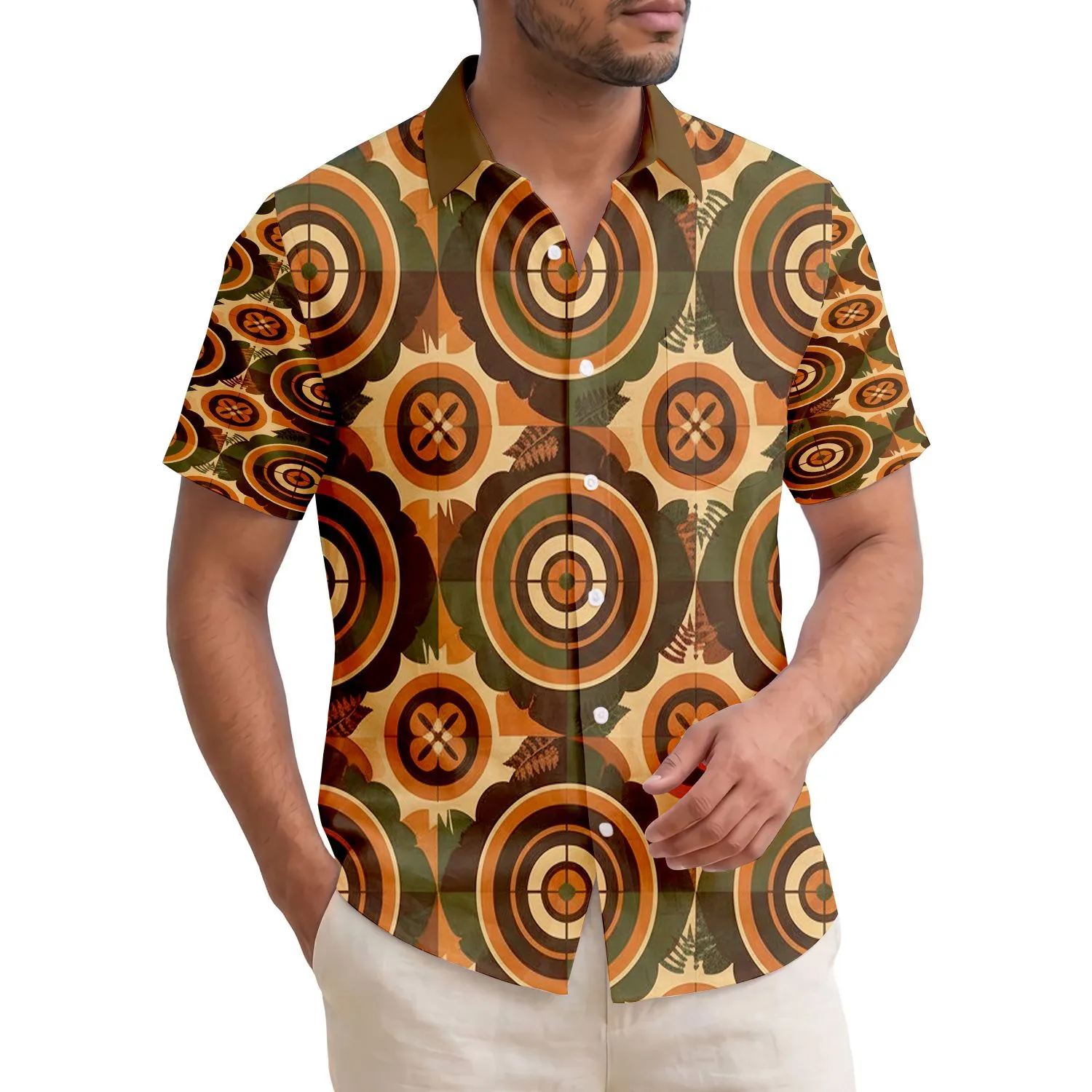 Concentric Circles Setting Sun Interlocking Squares - Island Lifestyle Gift Hawaiian Shirt - 1