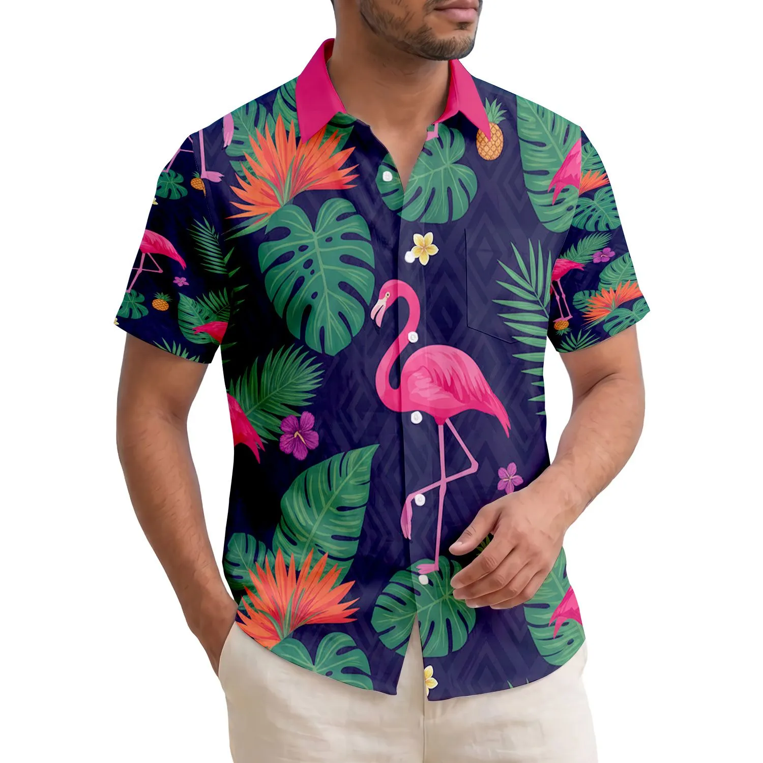 Pink Flamingos Tropical Jungle Leaves Monstera Palm Fronds - Wildlife Lover Home Decor Gift Hawaiian Shirt - 1