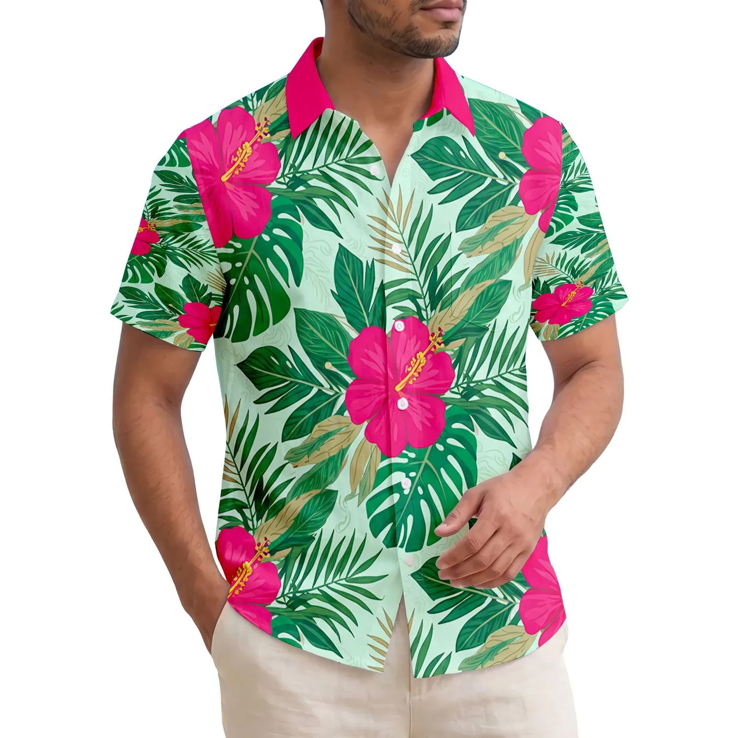 Vibrant Hot Pink Tropical Flowers Green Palm Fronds Monstera Leaves – Travel Essentials Hawaiian Shirt - 1