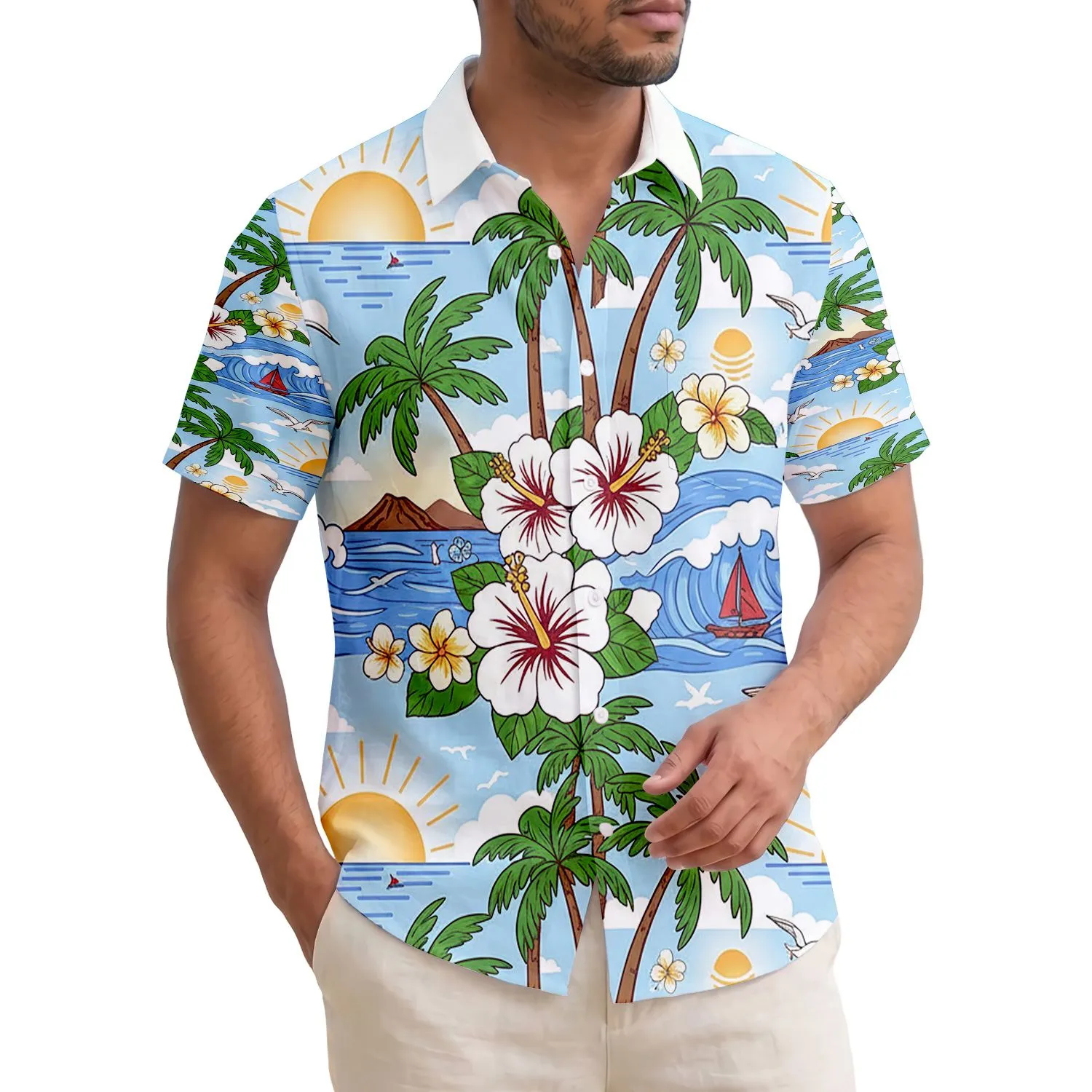 White Hibiscus Palm Trees Ocean Waves Sunset - Beach Lover Gift Hawaiian Shirt - 1