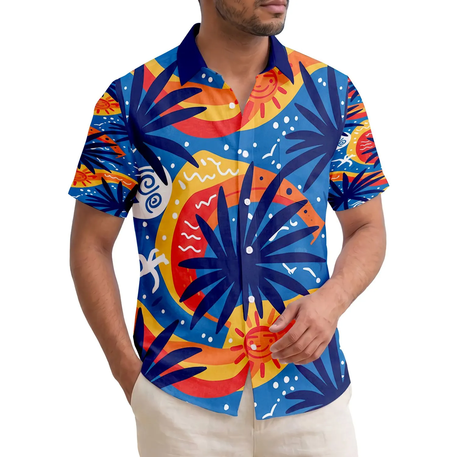 Palm Fronds Sun Moon Birds Wavy Bands Ocean Water Tropical - Vacation Getaway Island Life Hawaiian Shirt - 1
