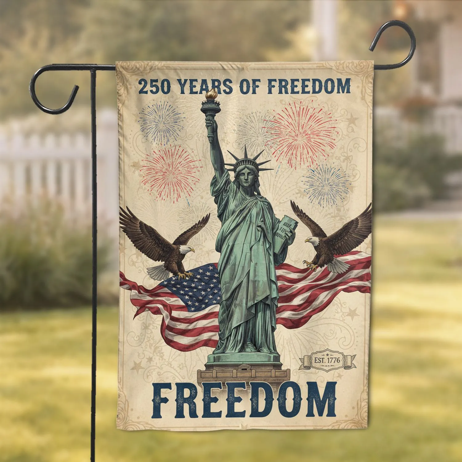 Statue of Liberty Bald Eagle American Flag - 250 Years of Freedom Independence Day Garden Flag - 1