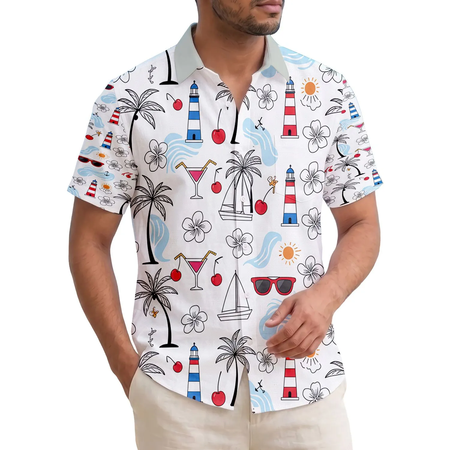 Palm Tree Sailboat Lighthouse Cocktail Anchor Tropical Floral - Travel Essentials Gift Hawaiian Shirt - 1