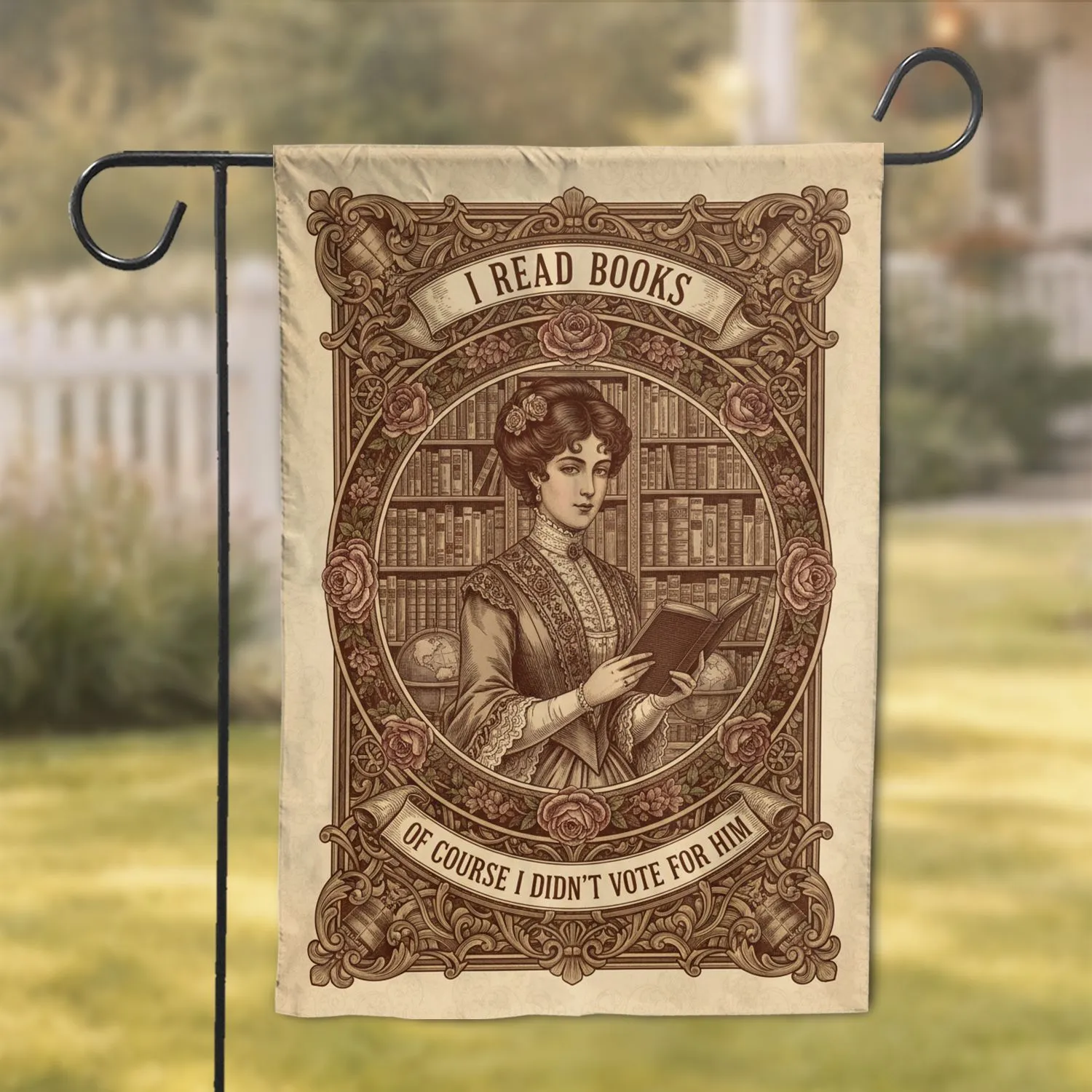 Vintage Victorian Lady Reading Book Library - 'I Read Books' Home Decor Gift Garden Flag - 1