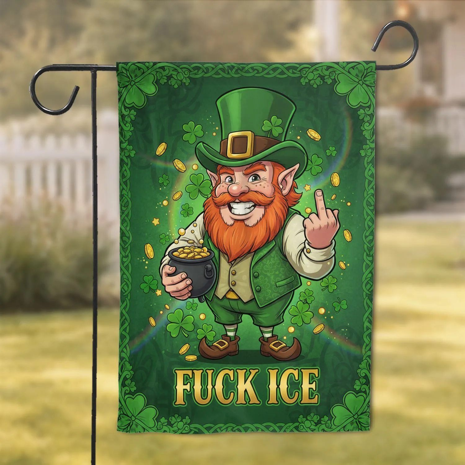 Leprechaun Middle Finger Fuck ICE Shamrocks - Rebellious Home Statement Decor for Activists Garden Flag - 1