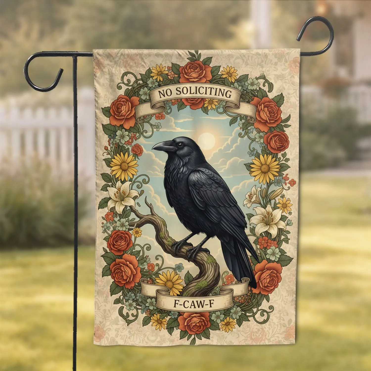 Black Crow No Soliciting Floral Roses Lilies - Vintage Home Decor Gift Garden Flag - 1