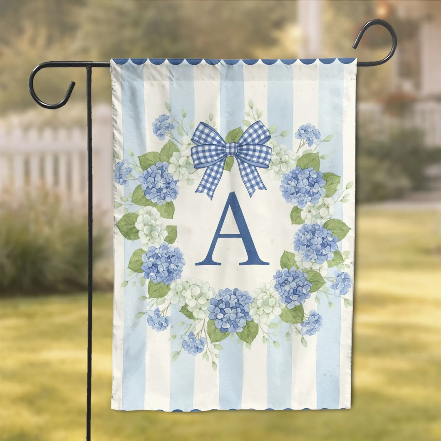 Realistic Blue Hydrangea Wreath Custom Letter Gingham Bow Scalloped Cream Stripes Home Decor Gift Garden Flag - 1