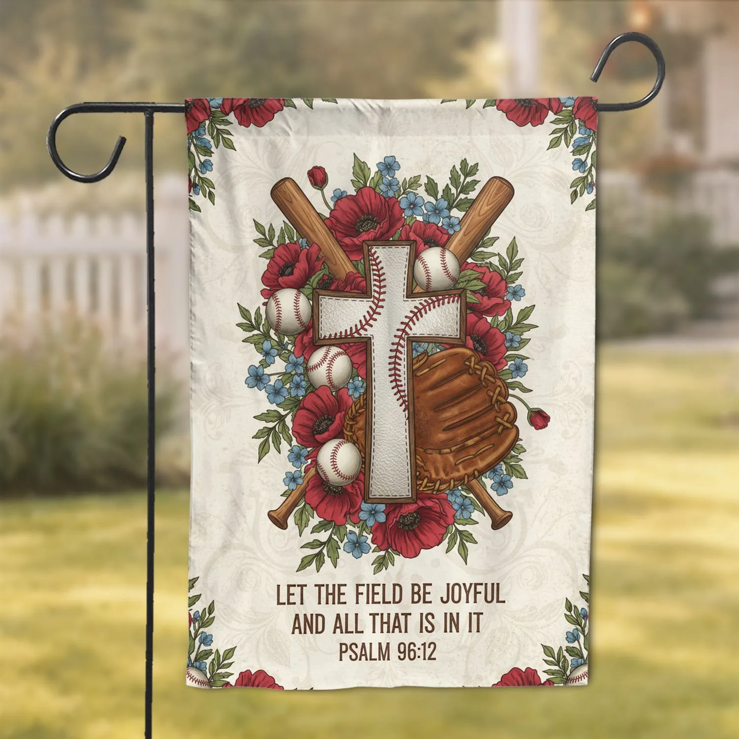 Baseball Cross Psalm 96:12 Scripture - Christian Baseball Fan Home Decor Gift Garden Flag - 1