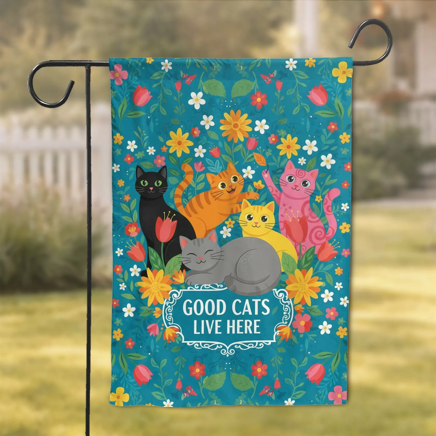 Five Cats Floral Garden 'Good Cats Live Here' - Home Decor Gift for Cat Lovers Garden Flag - 1